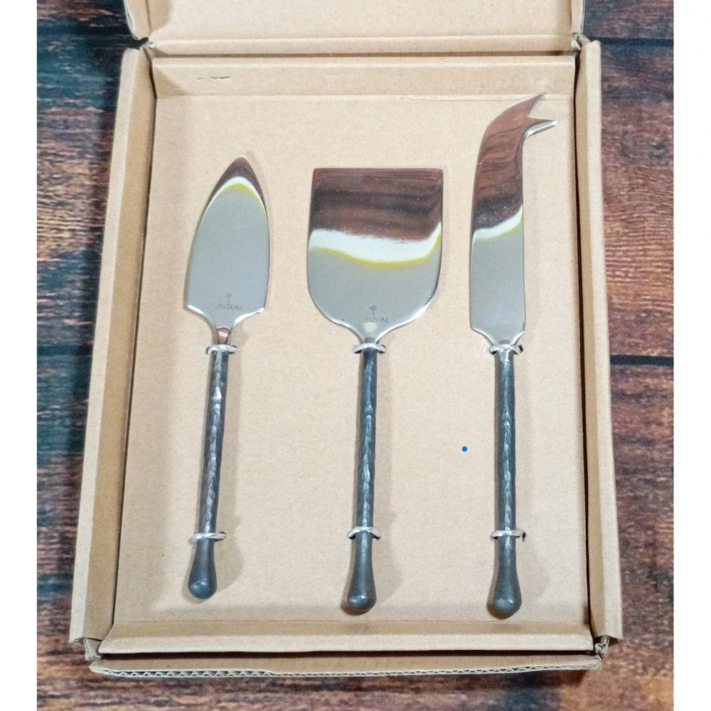 LINZOM 3 Piece Cheese Knife Set 18/10 Stainless Steel Hammered Black Handles NEW